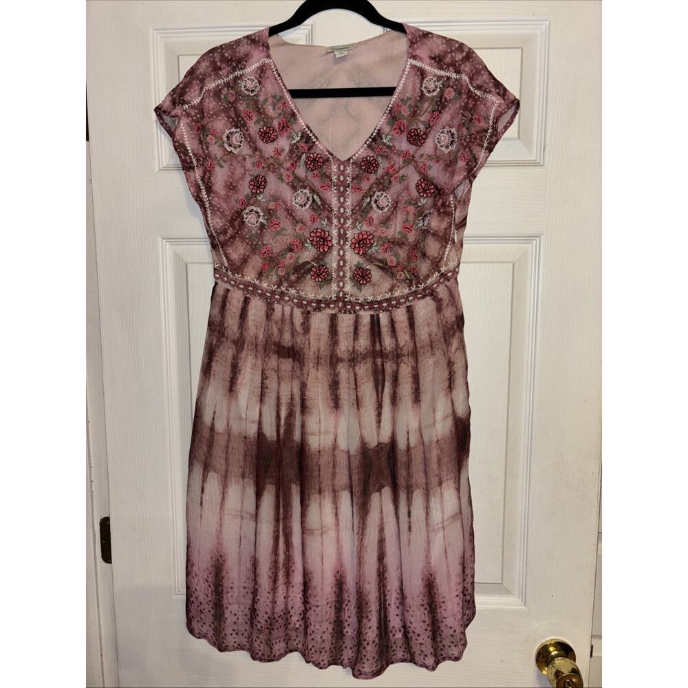 Sundance Catalog Gemi Sz XS Pink Tie Dye Floral Embroidered Chiffon Dress Lined